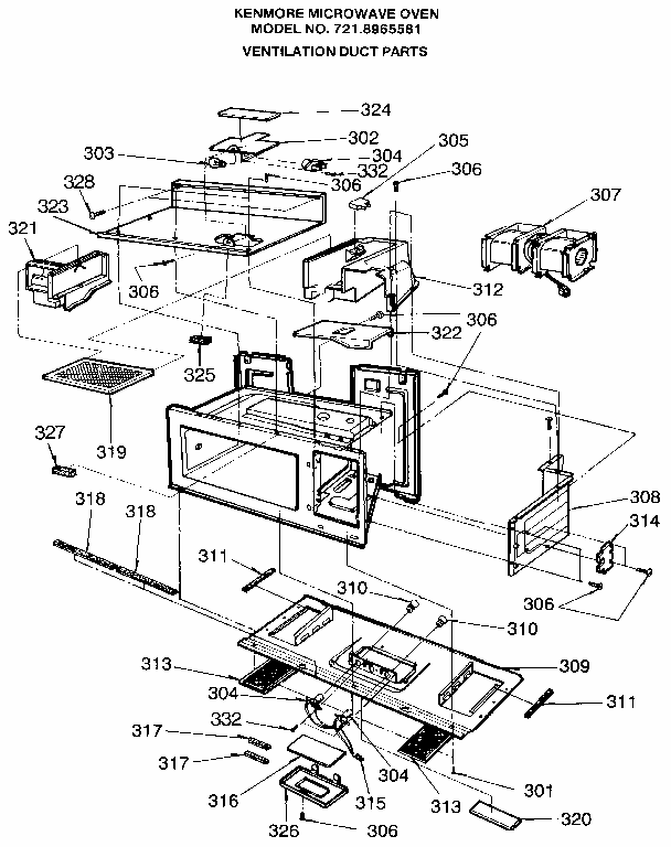 Ventilation Duct Diagram and Parts List for 7218965581  Kenmore Microwave