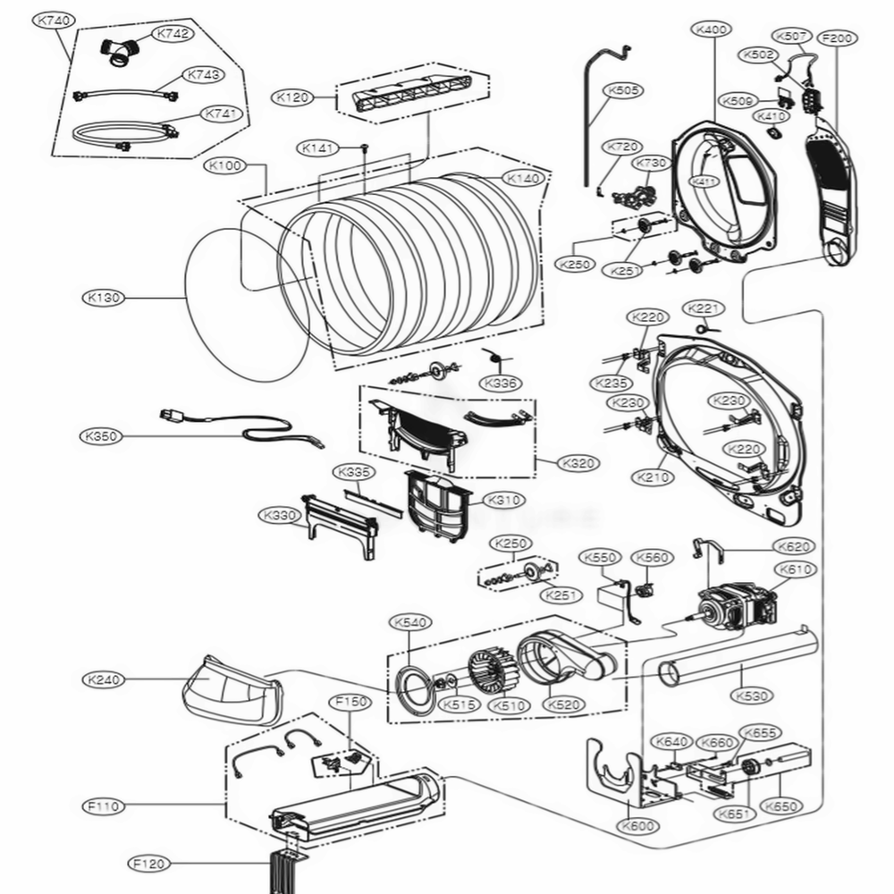 Drum And Motor Assembly Diagram and Parts List for DLEX7700VE ASSEEUS LG Dryer