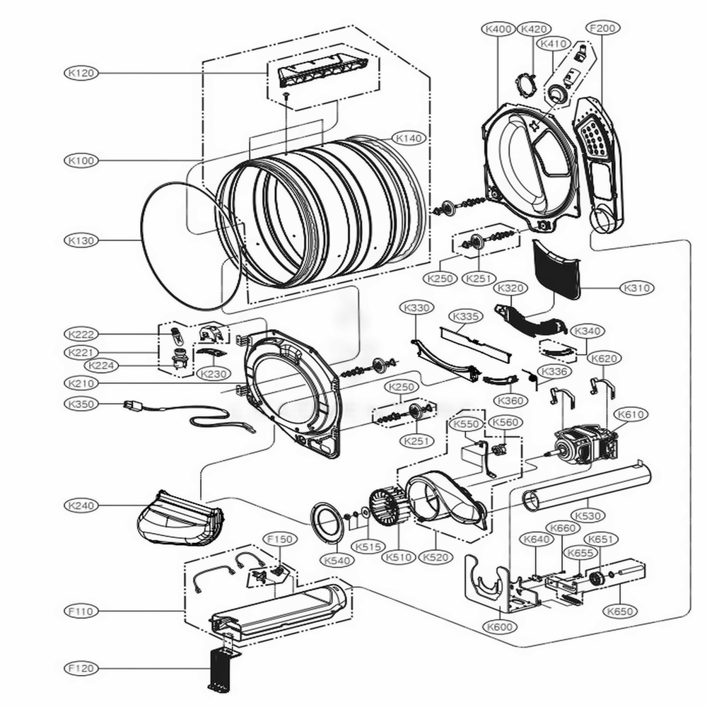 Drum And Motor Assembly Electric Type Diagram and Parts List for DLEX3570W ABWEEUS LG Washer Dryer Combo