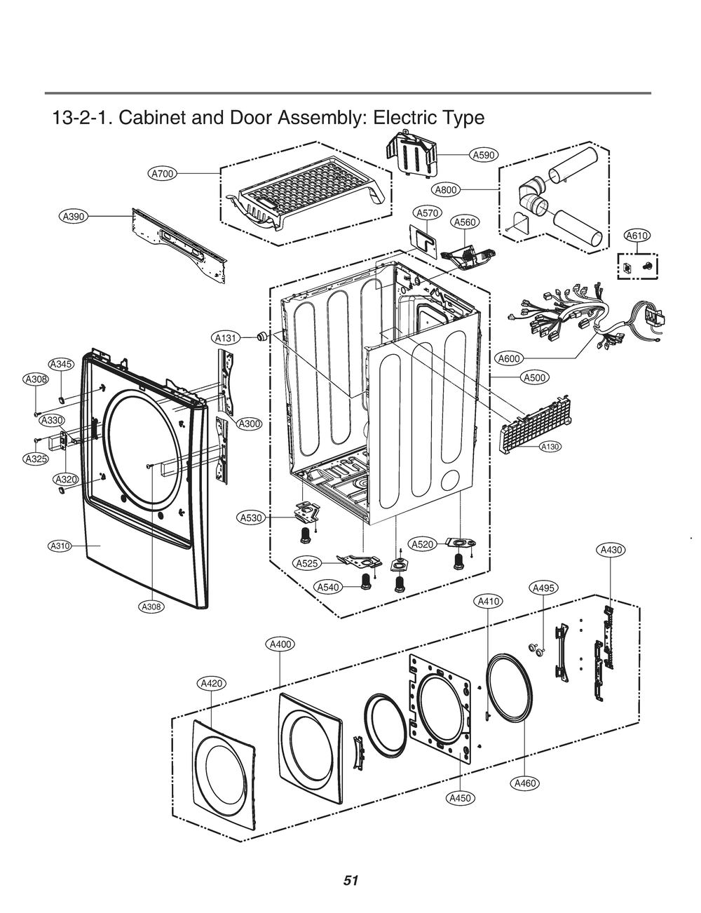Cabinet And Door Assembly Diagram and Parts List for 81962 ABWESEU LG Dryer