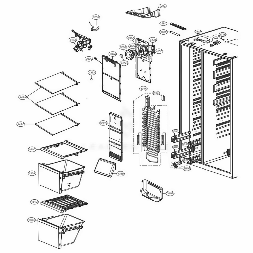 Freezer Compartment Diagram and Parts List for LSXC22396D ASBCNA1 LG Refrigerator