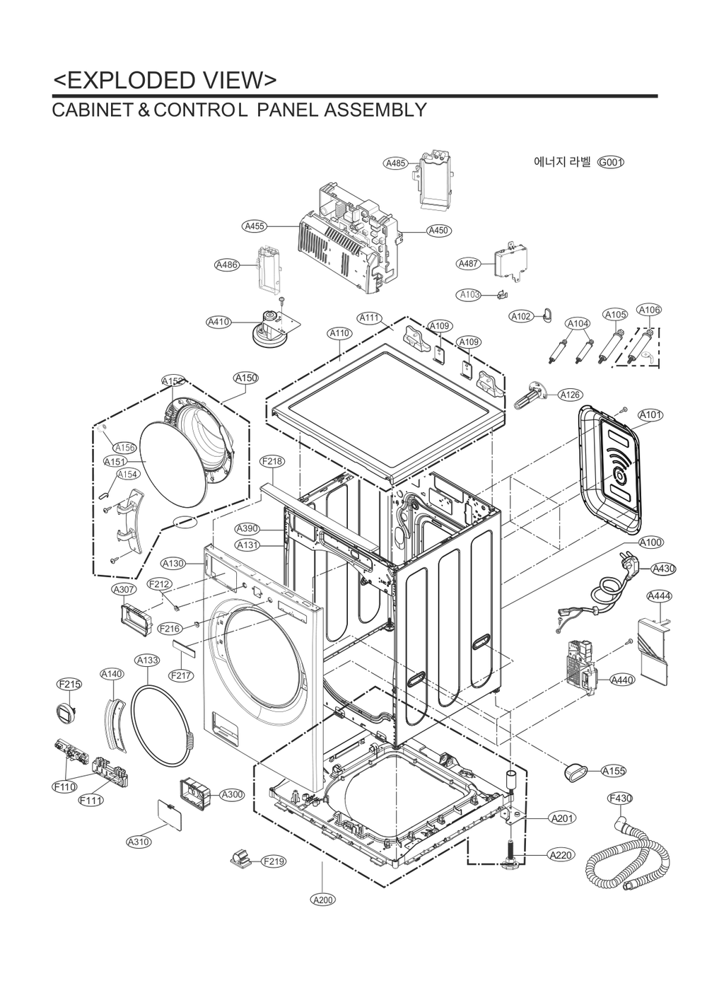 Cabinet And Control Panel Assembly Diagram and Parts List for WM6700HBA ABLEVUS LG Washer