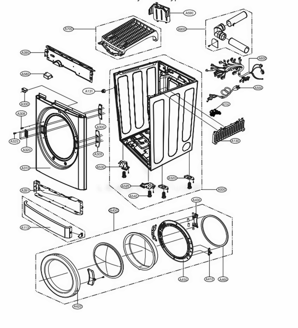 Cabinet And Door Assembly Gas Type Diagram and Parts List for 91393 ASTESEU LG Dryer