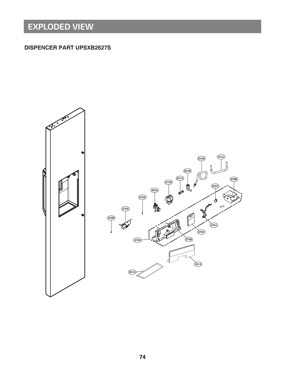 Dispenser Parts Diagram and Parts List for GR-L276DSDM ASTCNA0 LG Refrigerator