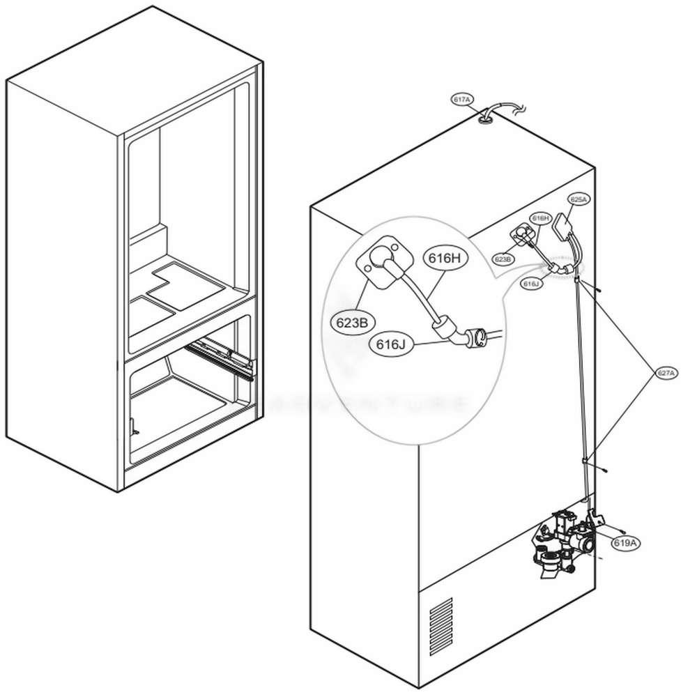 Valve And Water Tube Parts Diagram and Parts List for 72597 ASBCSE2 LG Refrigerator
