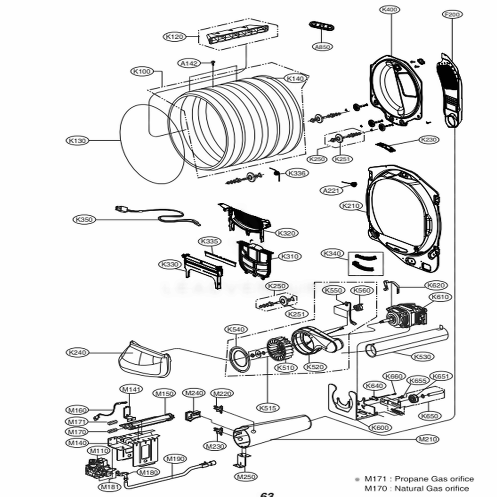 Drum And Motor Assembly: Gas Type Diagram and Parts List for DLG7201WE ABWEEUS LG Dryer