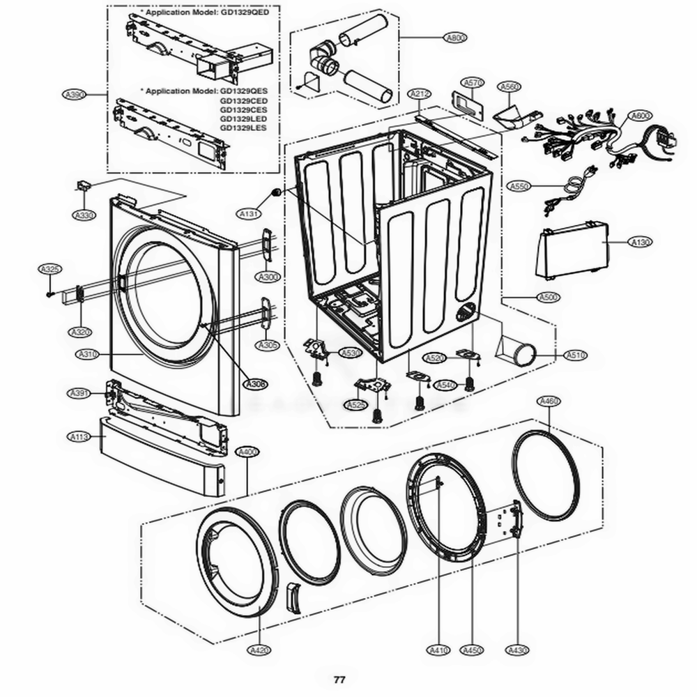 Cabinet And Door Assembly Gas Stack Lower Type Diagram and Parts List for GD1329CGD ABWEELC LG Washer