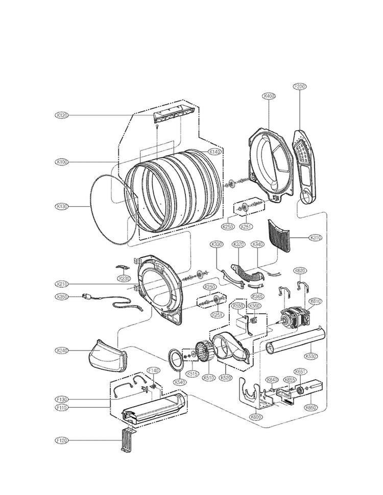 Drum And Motor Assembly Parts Diagram and Parts List for CDE3379WD  LG Dryer