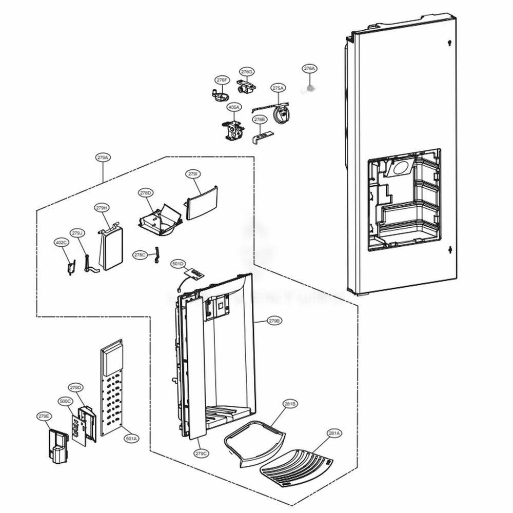Dispenser Parts Diagram and Parts List for LFX25973SB AWBCNA3 LG Refrigerator