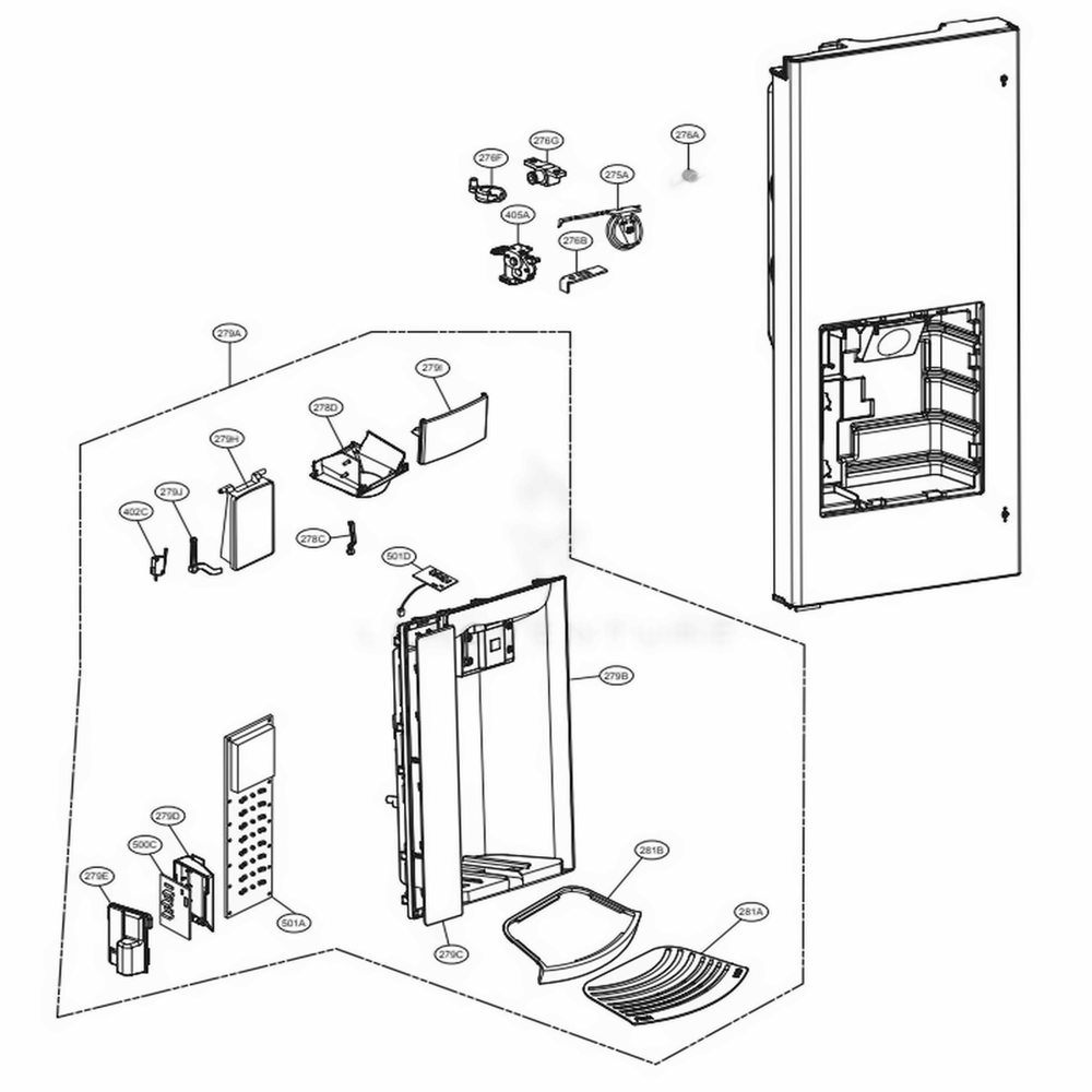 Dispenser Parts Diagram and Parts List for LFX28968SW ASWCNA2 LG Refrigerator