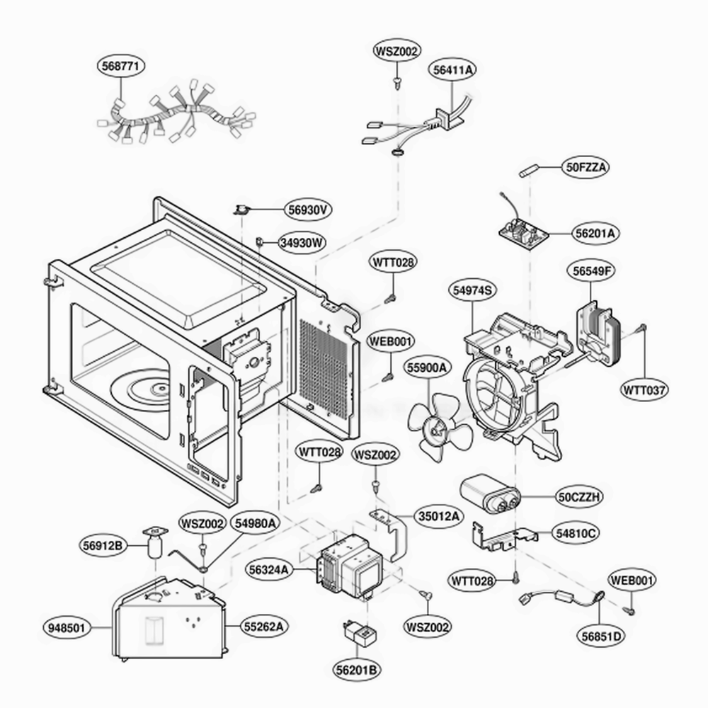 Interior Parts Diagram and Parts List for YMT4155SPS CSBEWPC LG Microwave