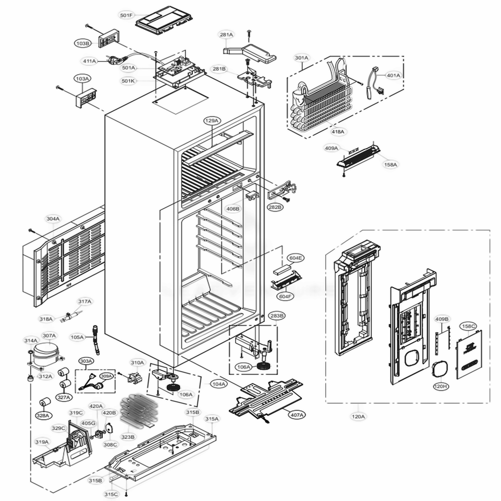Main 1 Diagram and Parts List for GT515BWL ASWRGAP LG Refrigerator