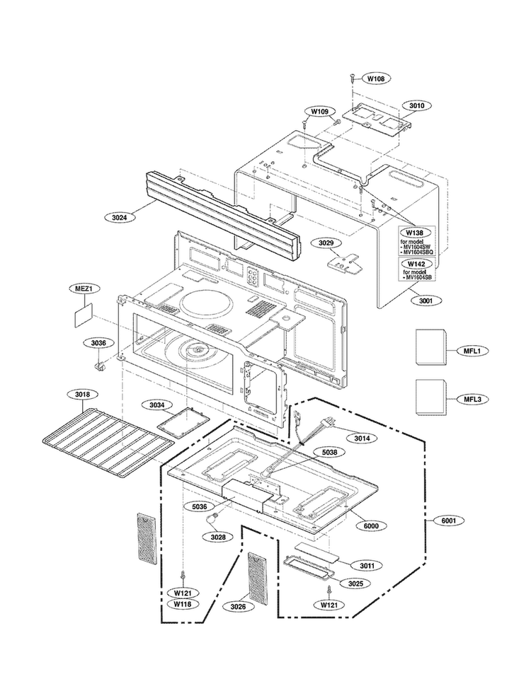 Oven Cavity Parts Diagram and Parts List for MV1604SBQ01  LG Microwave