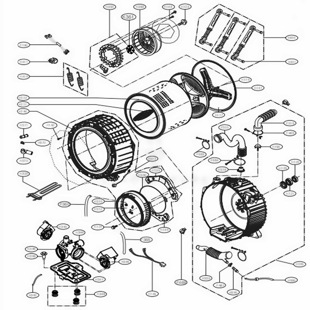 Drum And Tub Assembly Diagram and Parts List for 41073 ASTESEU LG Washer