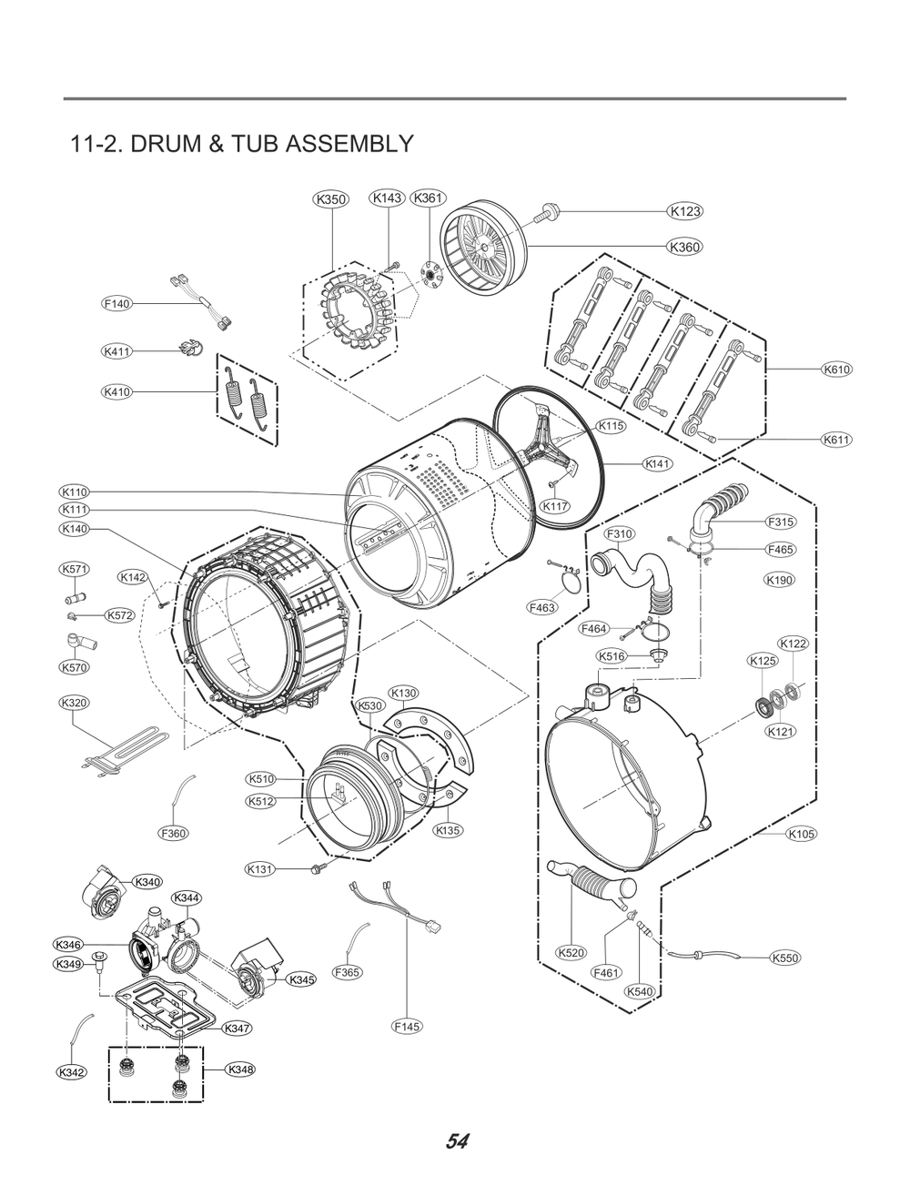 Drum And Tub Assembly Diagram and Parts List for FH0C7FD41 ASSEELC LG Washer