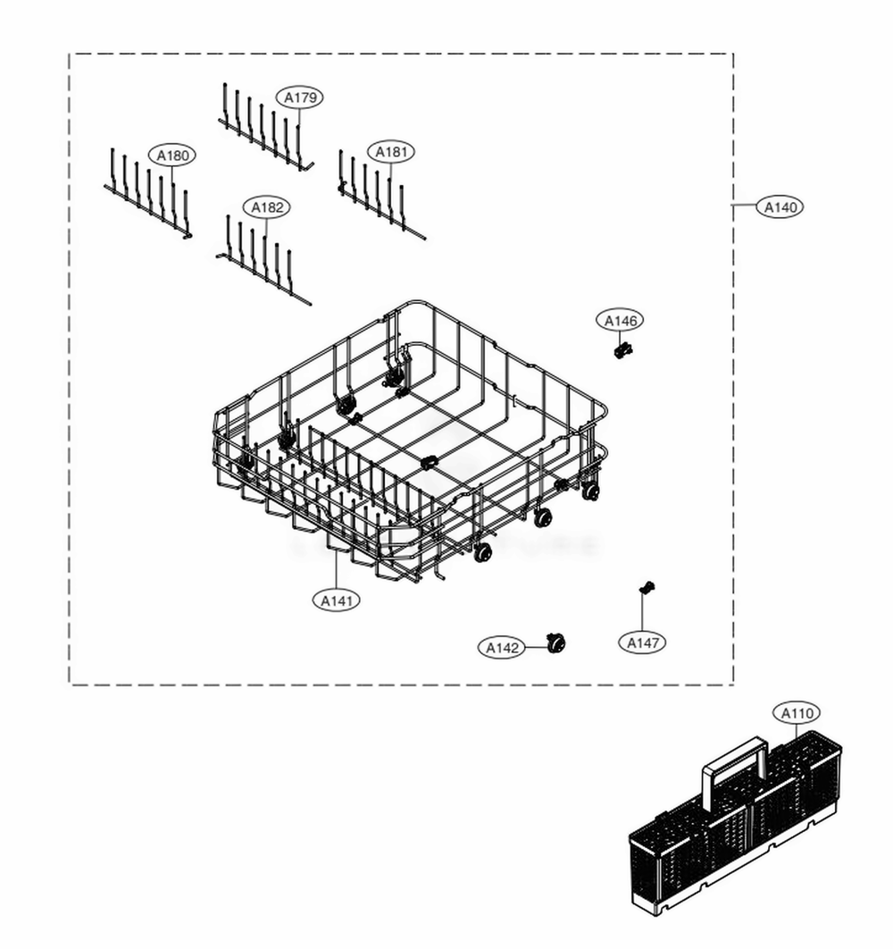Lower Rack Assembly Diagram and Parts List for LDT5678ST ASTEEUS LG Dishwasher