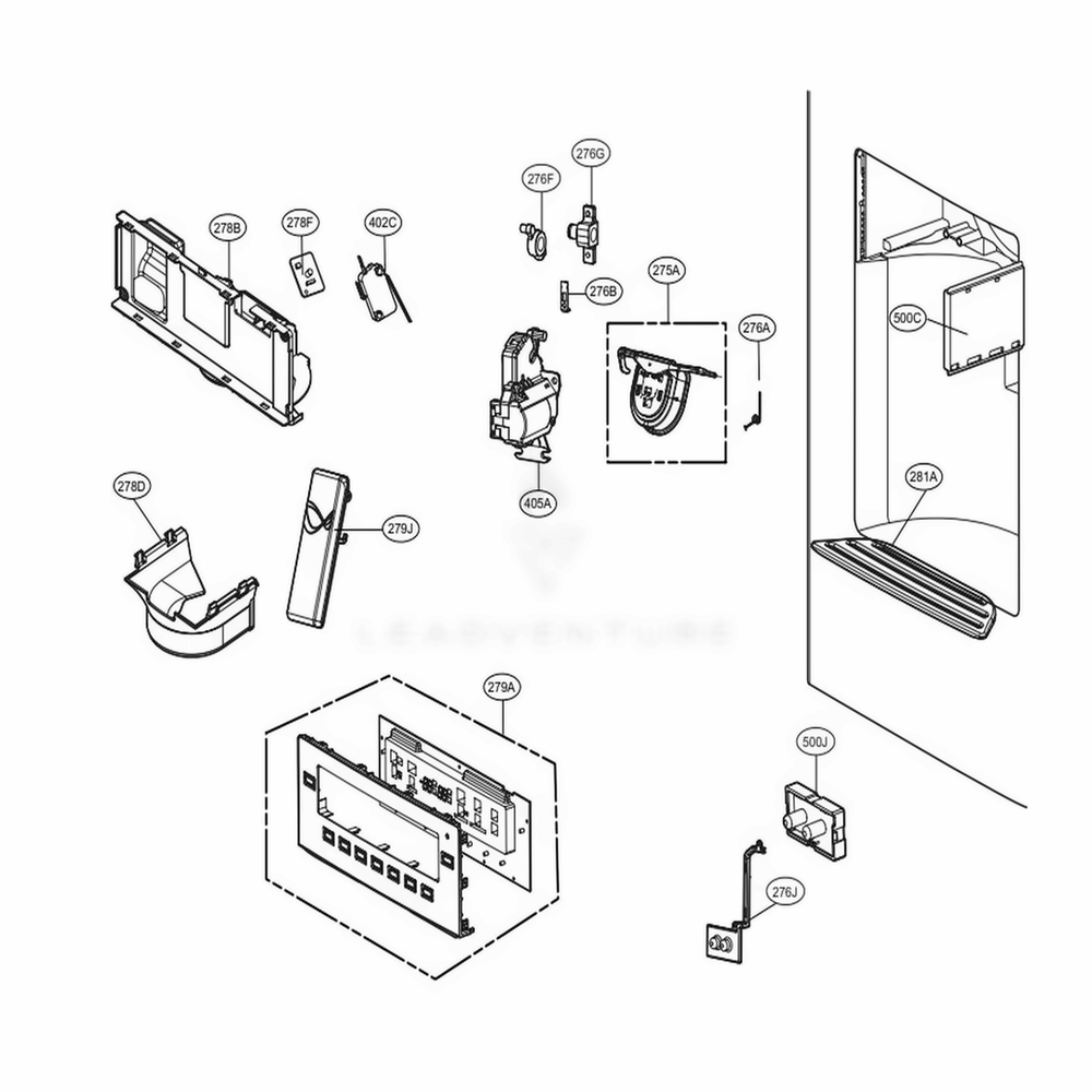 Dispenser Parts Diagram and Parts List for 72069 AWBCSE2 LG Refrigerator