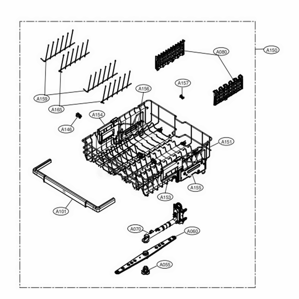 Top Rack Assembly Diagram and Parts List for 14305 ASSESEU LG Dishwasher