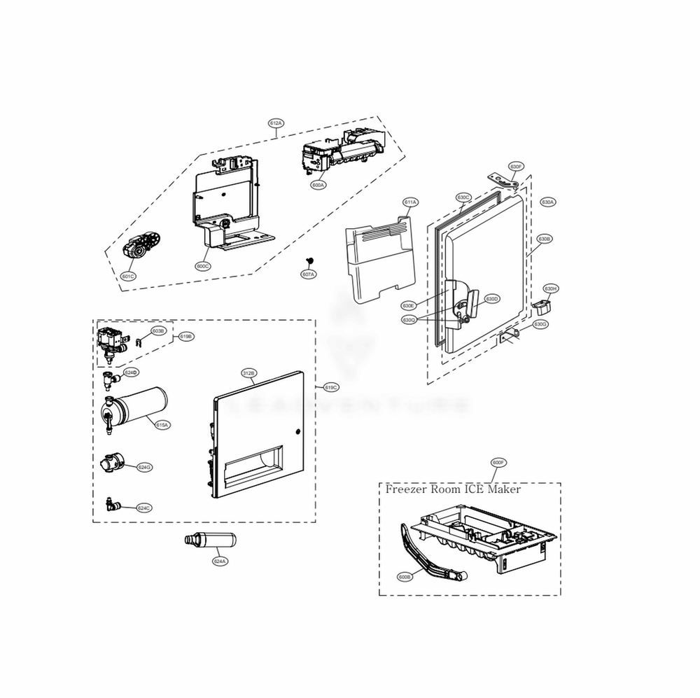 Ice Maker And Ice Bin Parts Diagram and Parts List for LRFXC2406S ASTCNA0 LG Refrigerator