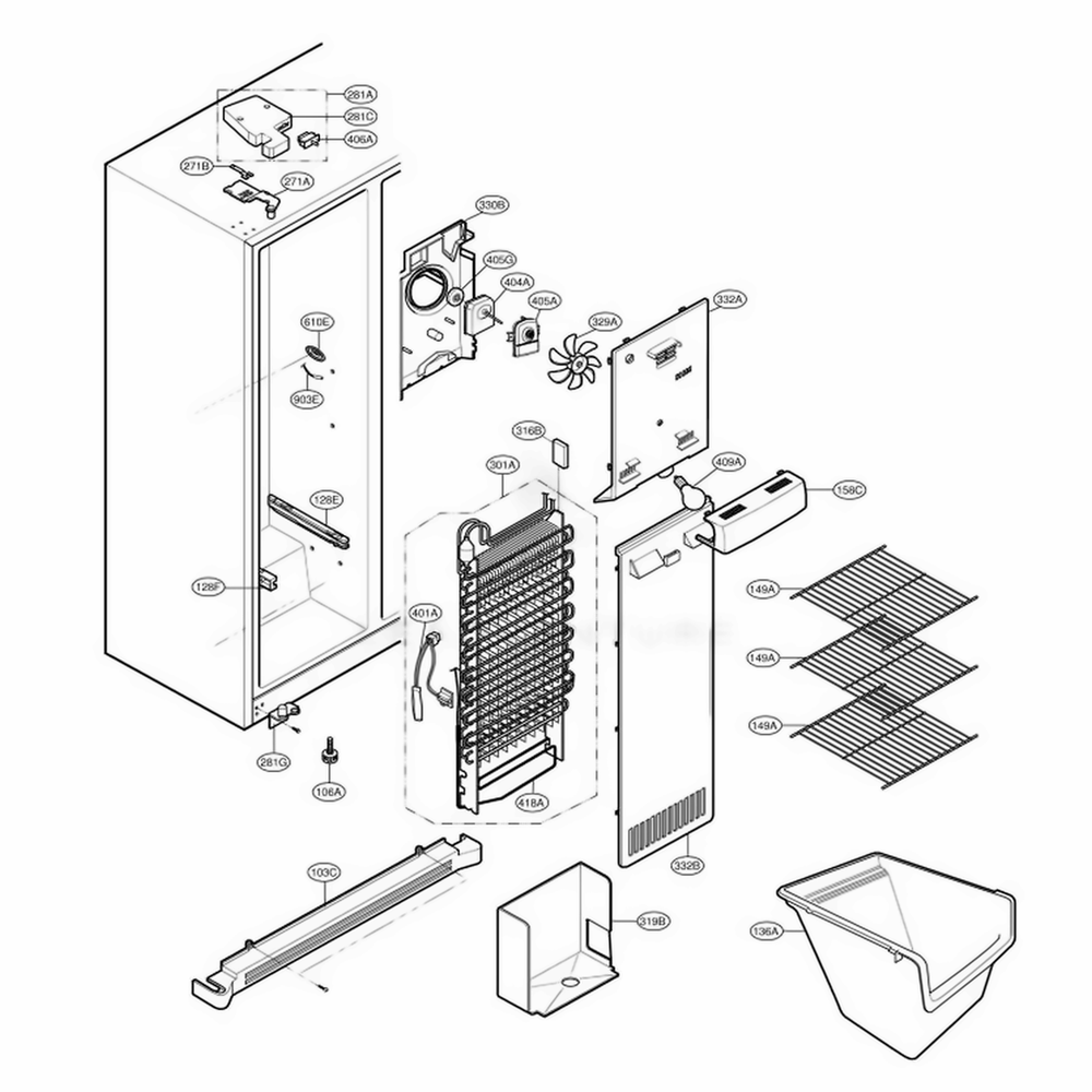 Freezer Compartment Diagram and Parts List for LSC27921ST AST1LGA LG Refrigerator