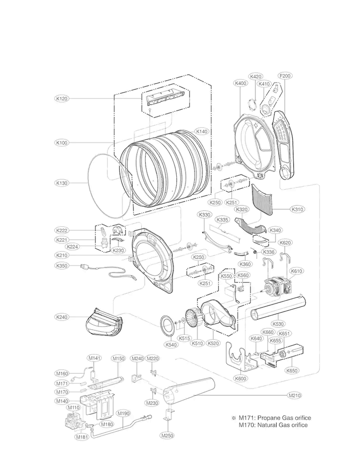 Drum And Motor Assembly Parts Diagram and Parts List for DLGX4271W  LG Dryer