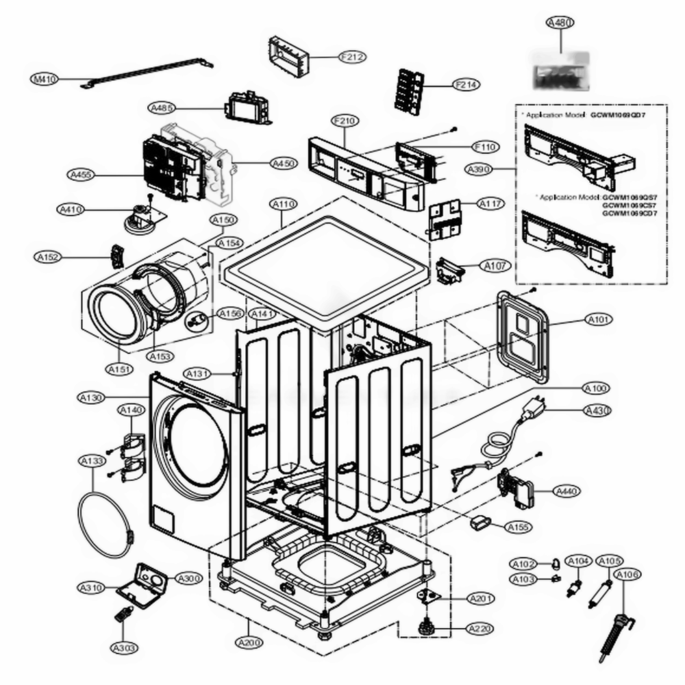 Cabinet And Control Panel Assembly 1 Diagram and Parts List for GCWM1069CD7 ASSEELC LG Washer