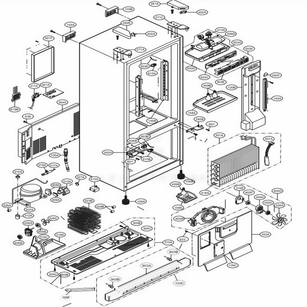 Case Parts Diagram and Parts List for LRFC22750WW ASWCLGY LG Refrigerator
