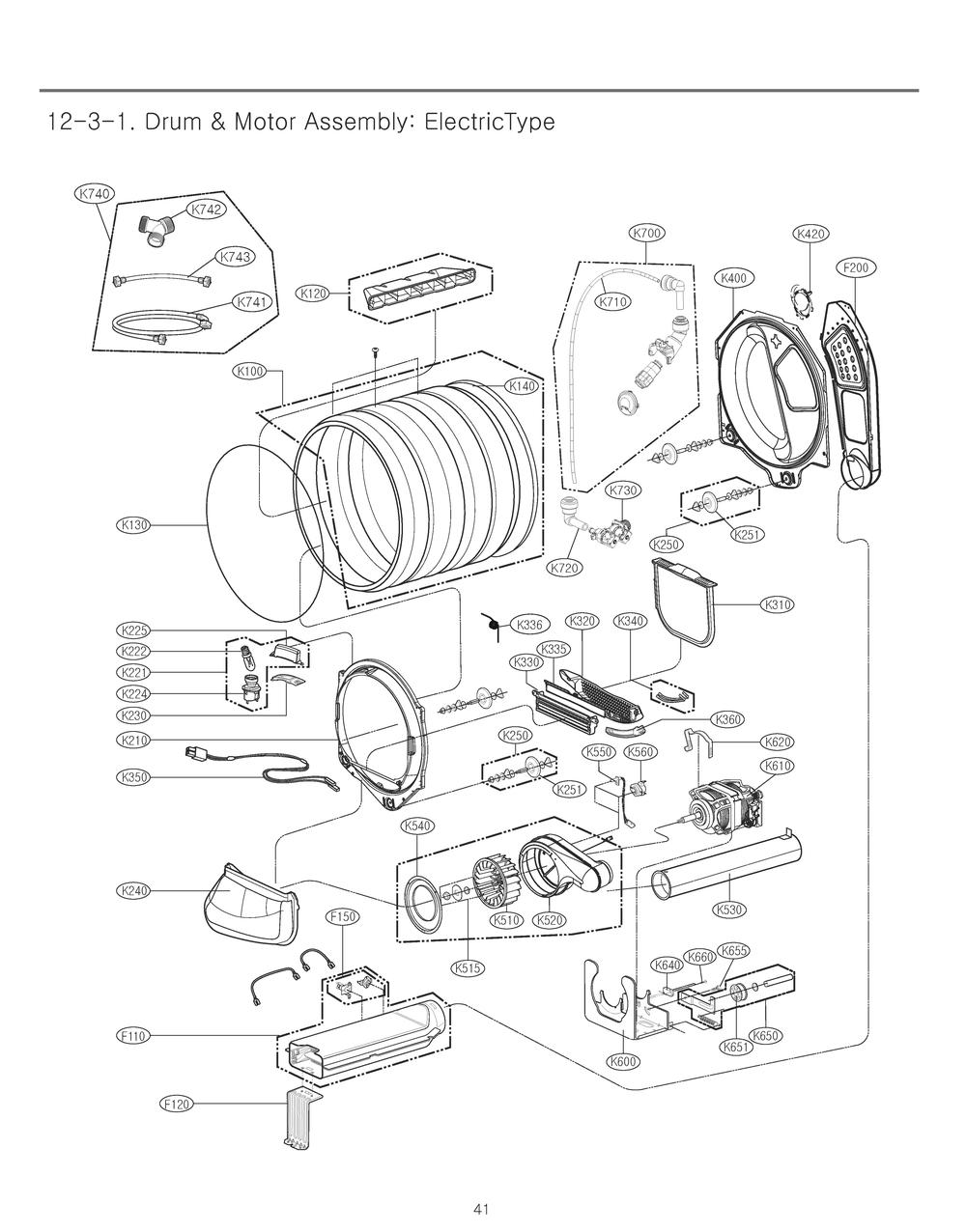 Drum And Motor Assembly Diagram and Parts List for RV1381ES ASSEEUS LG Dryer