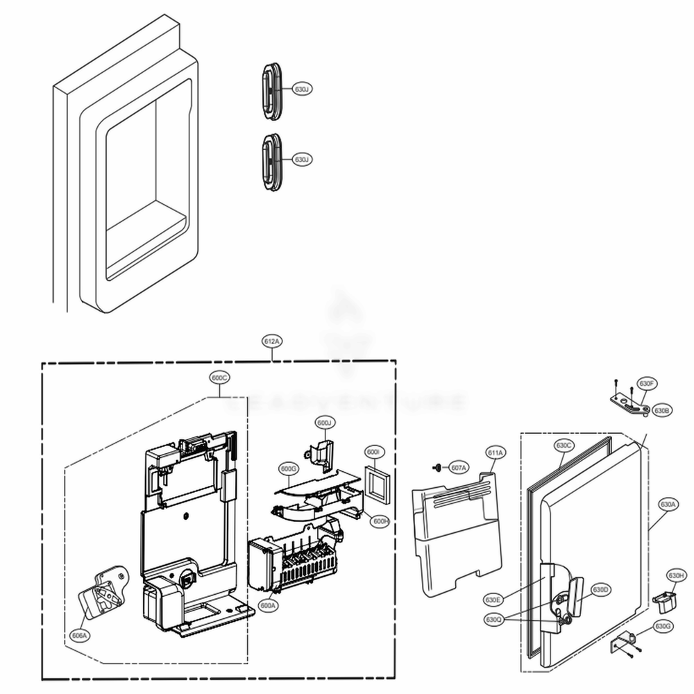 Ice Maker And Ice Bin Parts Diagram and Parts List for LFXC24796D ASBCNA0 LG Refrigerator