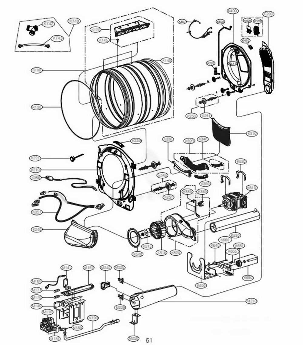 Drum And Motor Assembly Gas Type Diagram and Parts List for 91393 ASTESEU LG Dryer