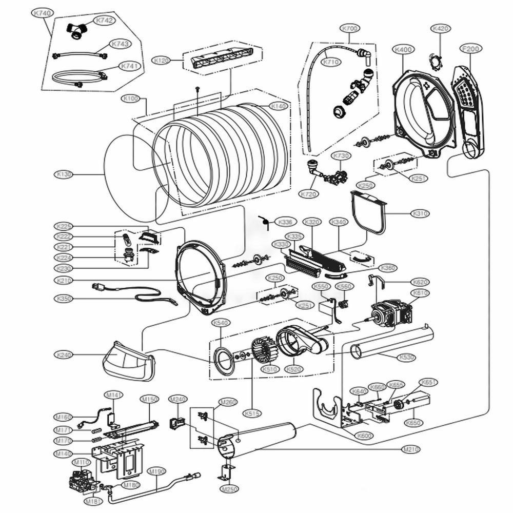 Drum And Motor Assembly: Gas Type Diagram and Parts List for DLG1502W ABWEEUS LG Dryer