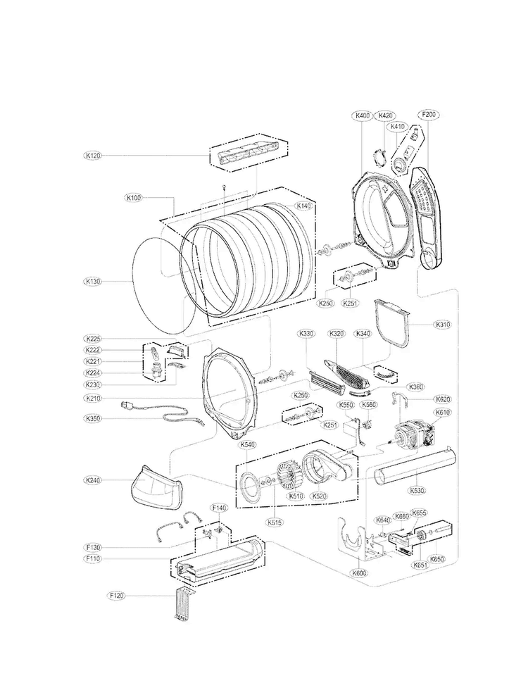 Drum And Motor Assembly Parts Diagram and Parts List for DLEX6001V  LG Dryer