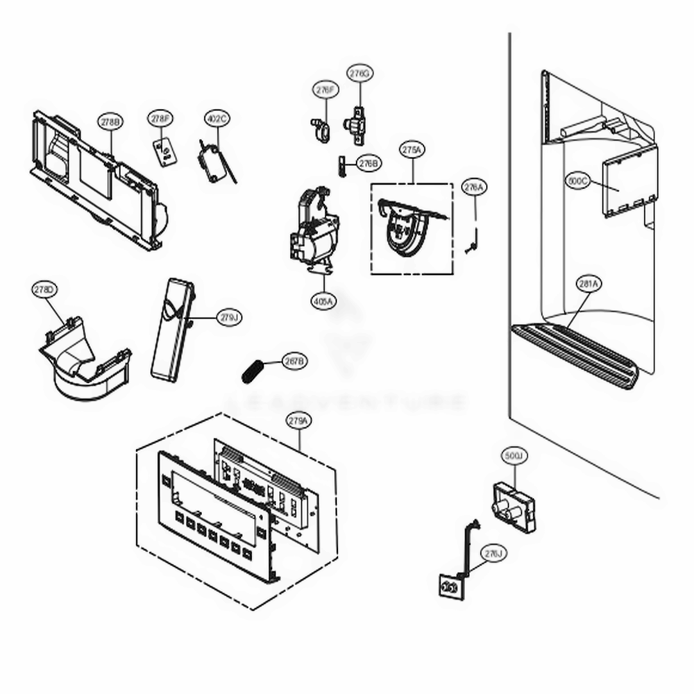 Dispenser Parts Diagram and Parts List for 72183 ASTCSE5 LG Refrigerator