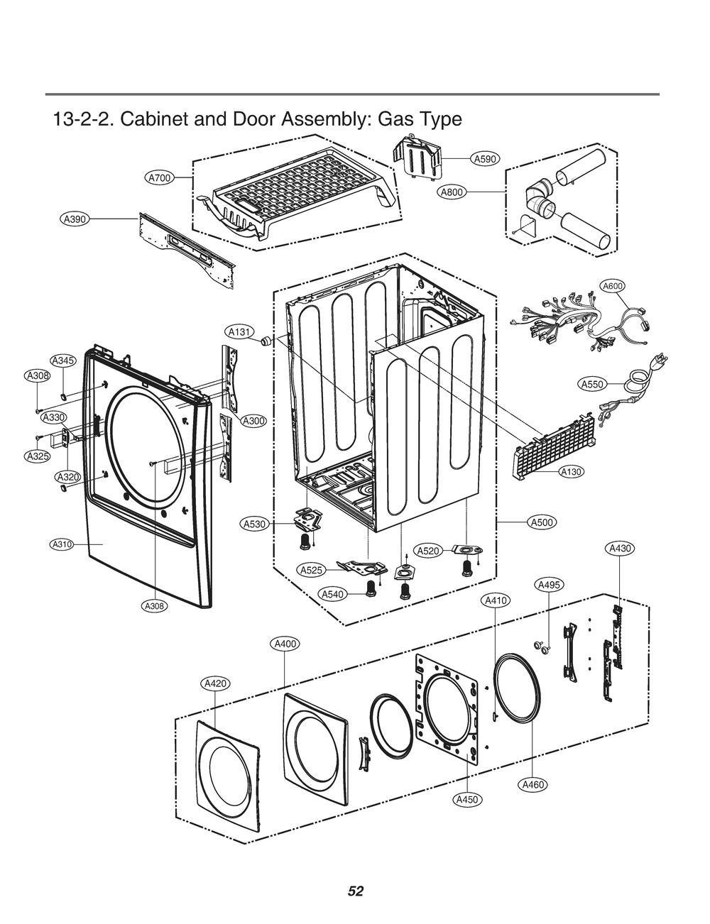 Cabinet And Door Assembly Diagram and Parts List for RN18A1GS ASTESEU LG Dryer