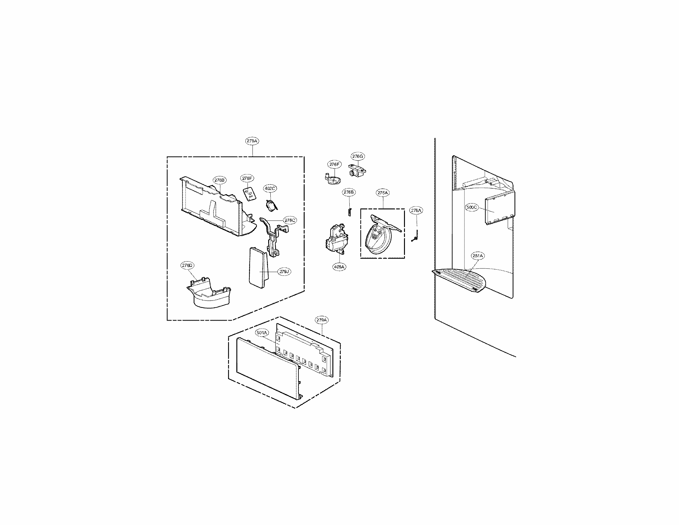 Dispenser Parts Diagram and Parts List for 79571099111  Kenmore Refrigerator
