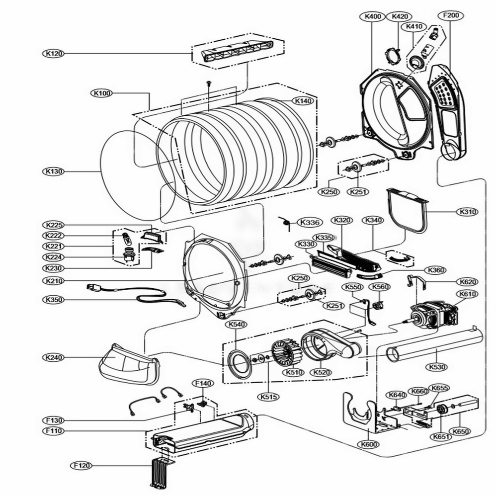 Drum And Motor Assembly Diagram and Parts List for DLEX6001W ABWEEUS LG Dryer