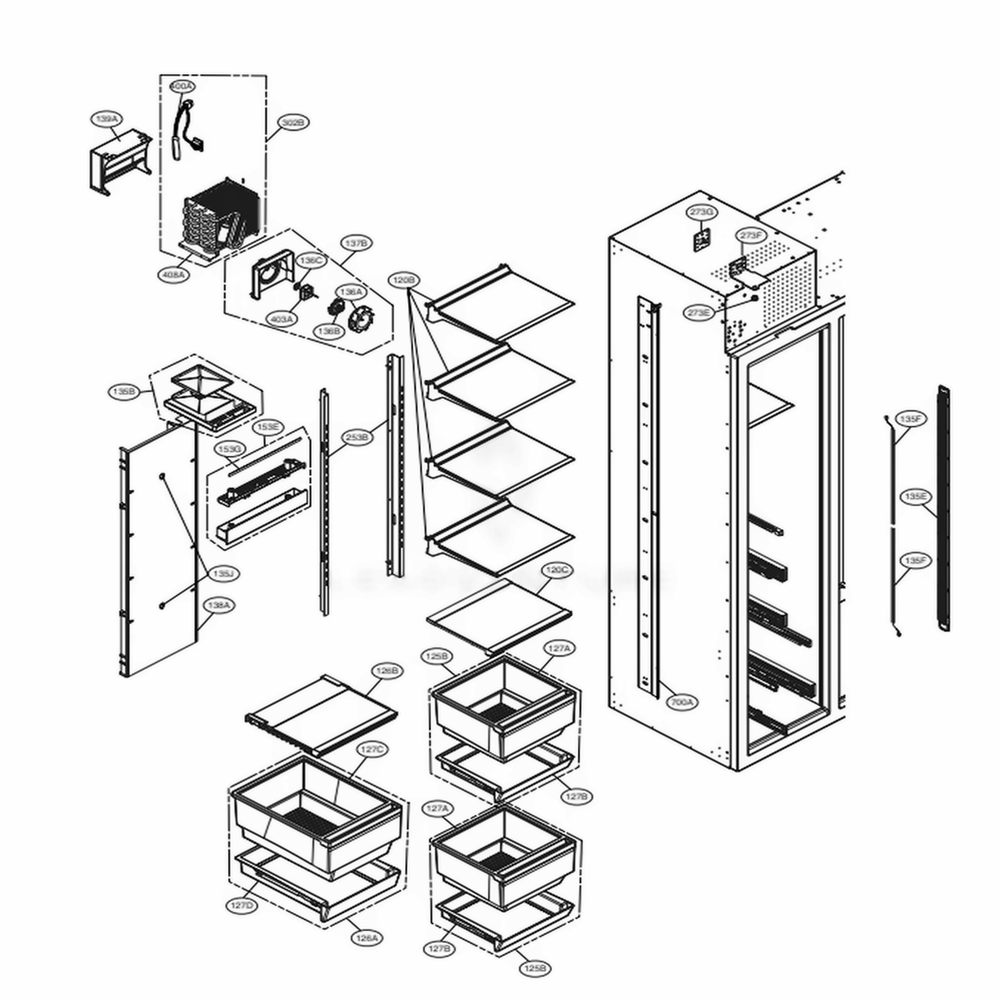Freezer Compartment Diagram and Parts List for LSSB2692ST ASTCNA1 LG Refrigerator