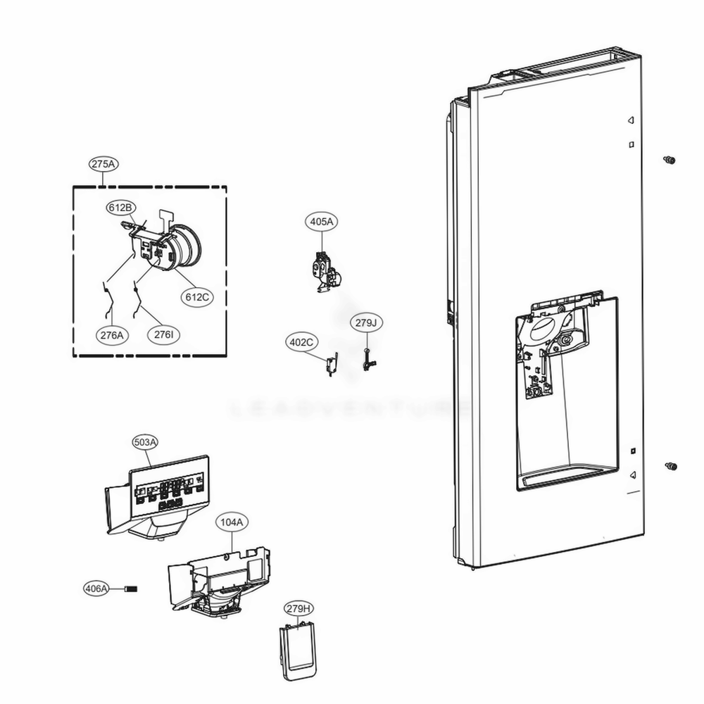 Dispenser Parts Diagram and Parts List for LFXS28596D ASBCNA0 LG Refrigerator