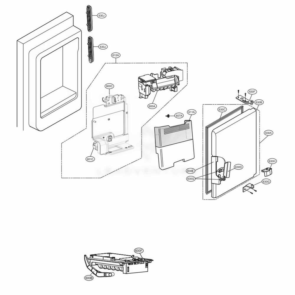 Ice Maker And Ice Bin Parts Diagram and Parts List for LFXS28596M AMTCNA0 LG Refrigerator