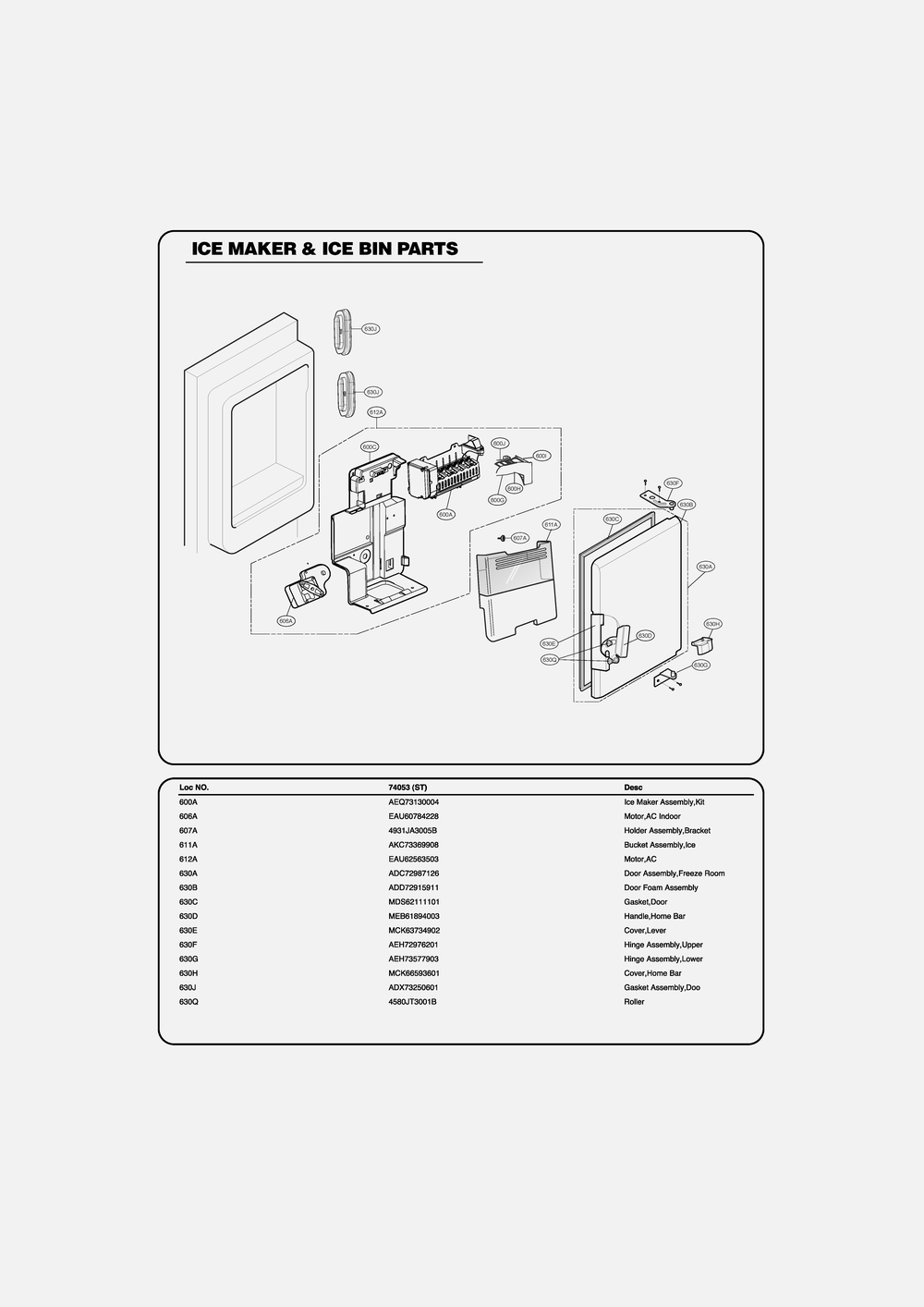 Ice Maker And Ice Bin Parts Diagram and Parts List for GR-J268LSTM ASTCSE1 LG Refrigerator