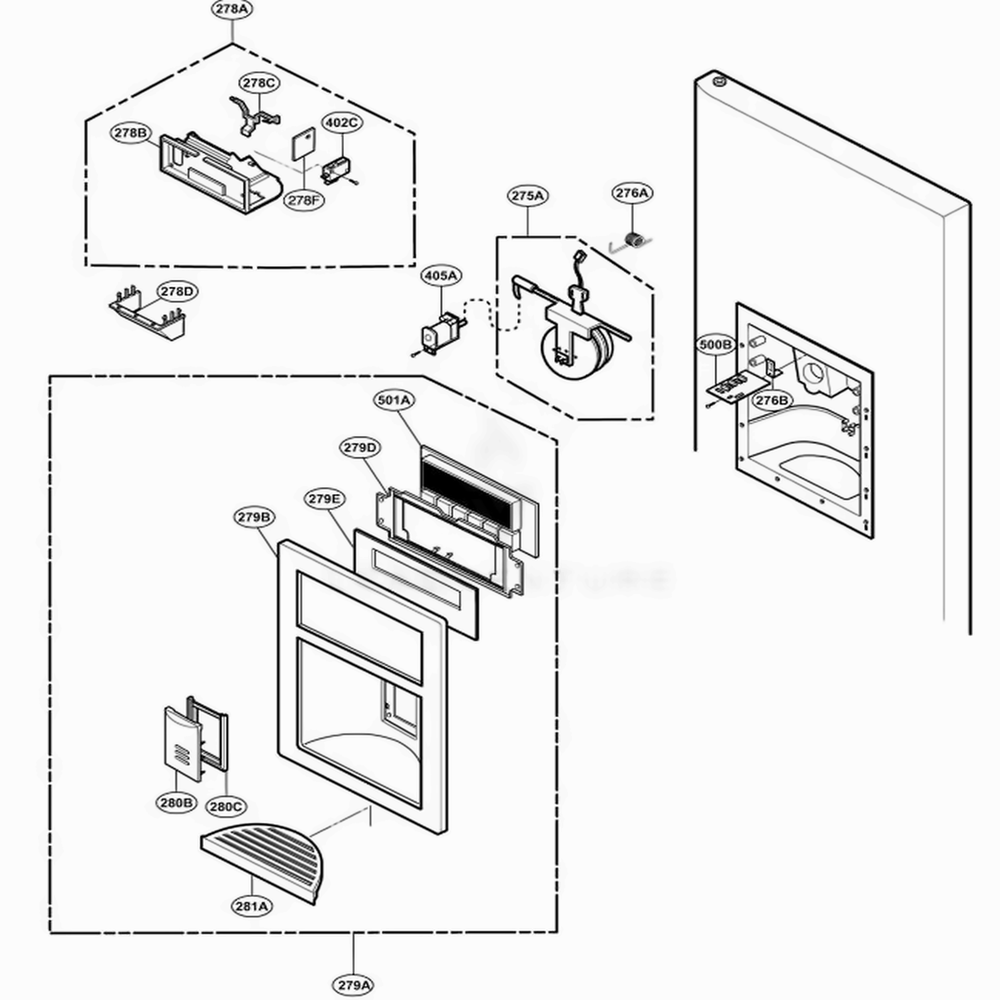 Dispenser Parts Diagram and Parts List for 78509 AWBCSER LG Refrigerator