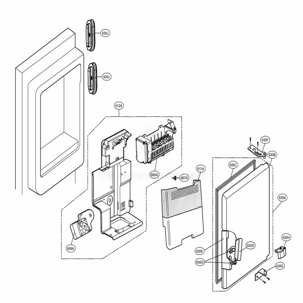 Ice Maker And Ice Bin Parts Diagram and Parts List for 74032 ASWCSE0 LG Refrigerator