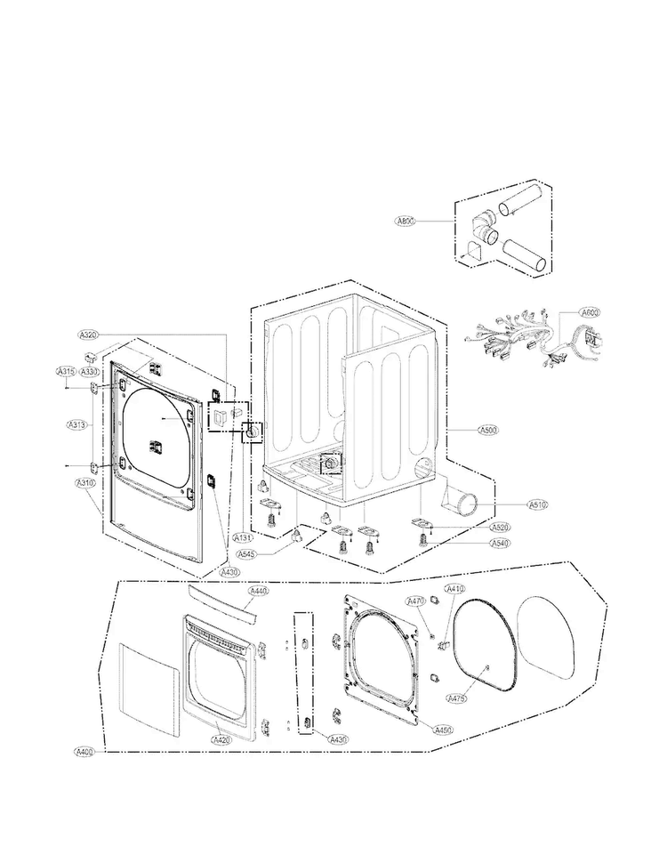 Cabinet And Door Assembly Parts Diagram and Parts List for DLEY1201W  LG Dryer