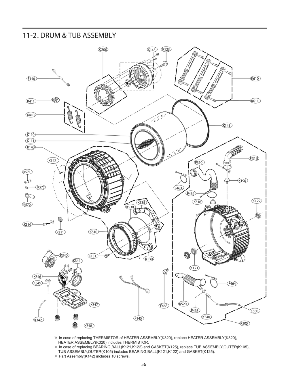 Drum And Tub Assembly Diagram and Parts List for FH3H2CDNV1 ABWEVEU LG Washer