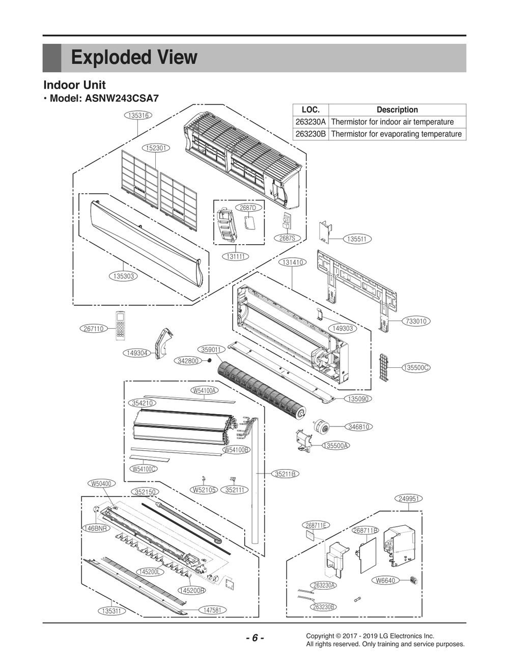 Indoor Unit Diagram and Parts List for ASNW243CSA7 ANWBEUS LG Air Conditioner