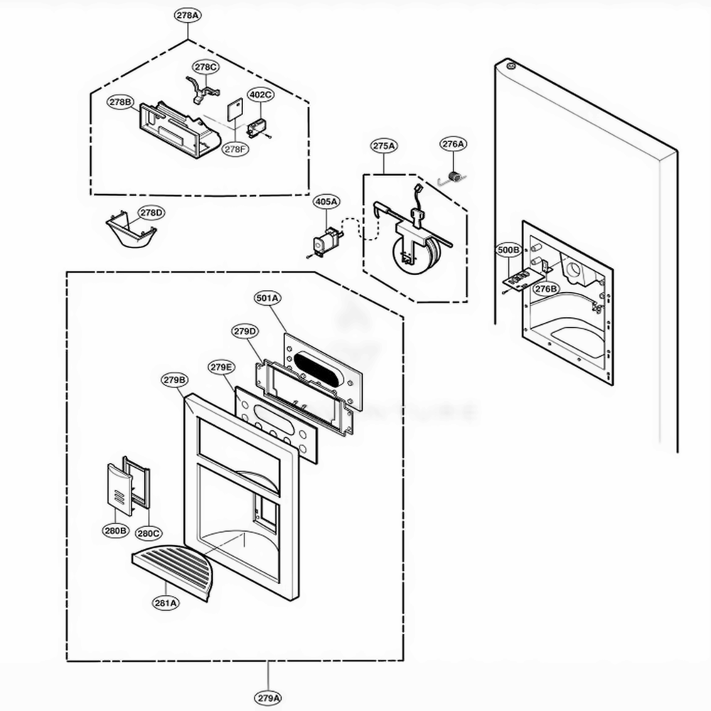 Dispenser Parts Diagram and Parts List for 78783 AST2SEF LG Refrigerator