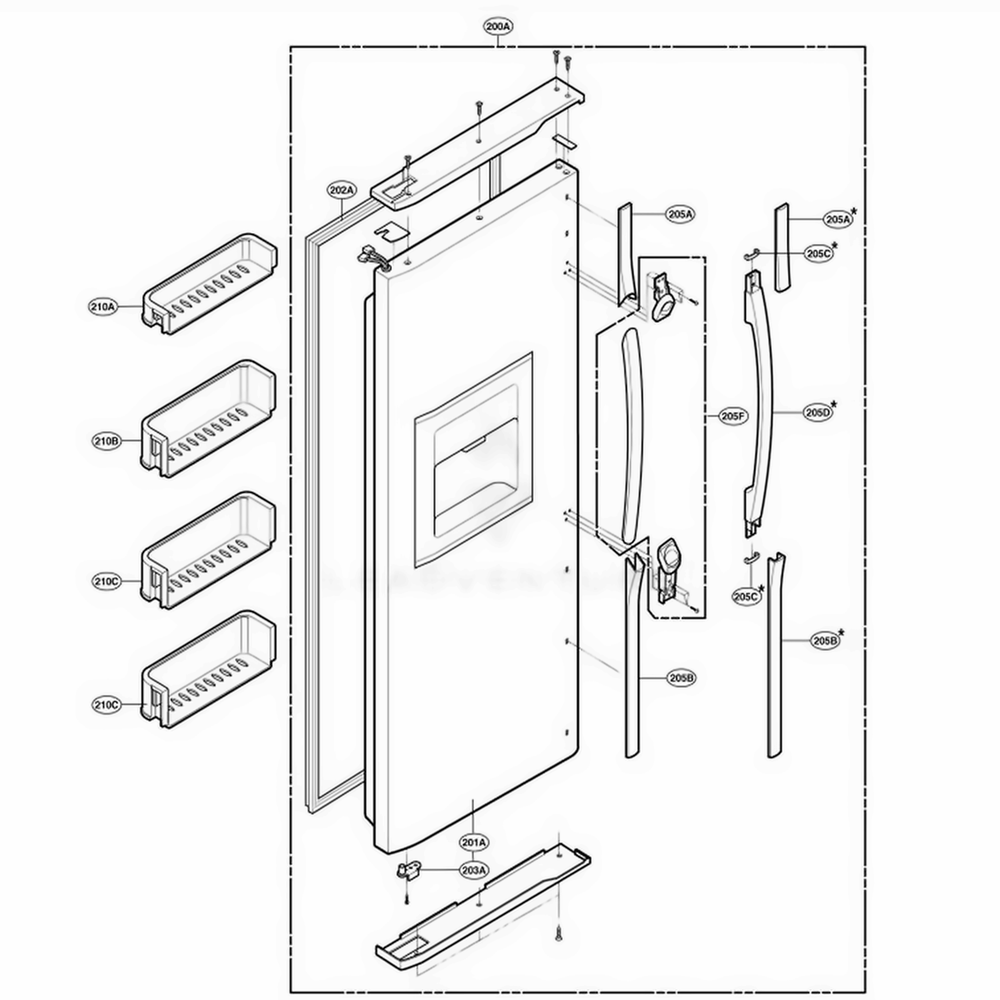 Freezer Door Part Diagram and Parts List for RCG20IERFWW ASWQRCA LG Refrigerator