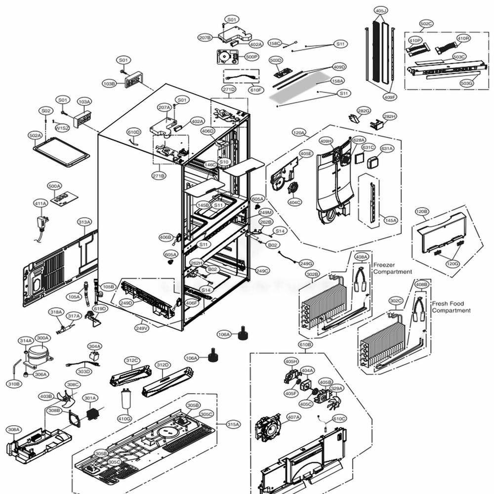 Case Parts Diagram and Parts List for 72482 ASWCSE2 LG Refrigerator
