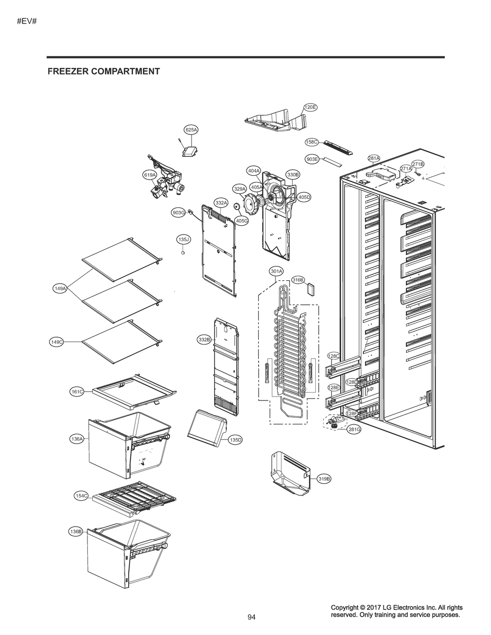 Freezer Compartment Diagram and Parts List for GM-J227AKXM ASBCNA3 LG Refrigerator