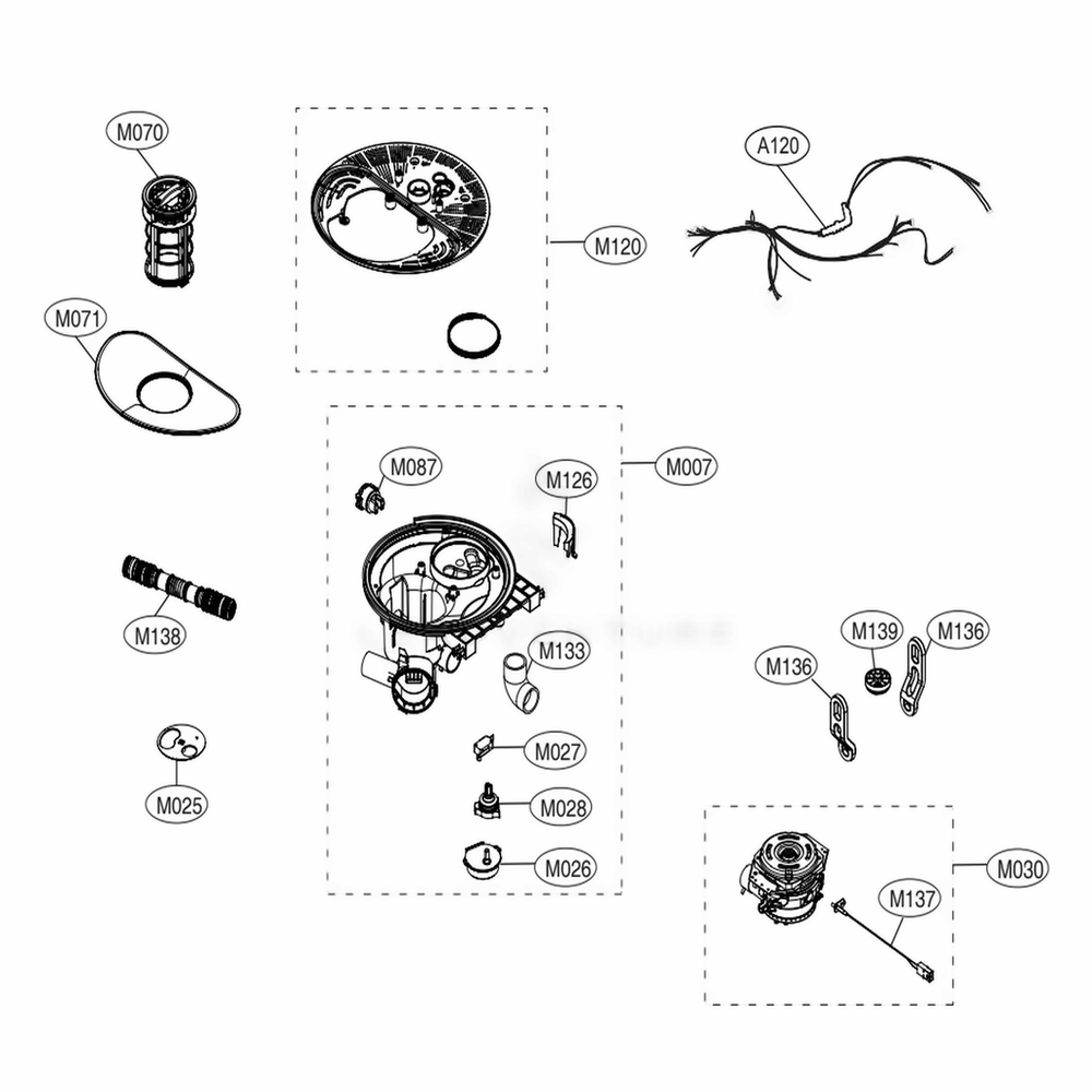 Sump Assembly Diagram and Parts List for LDF5678SS ASSESNA LG Dishwasher